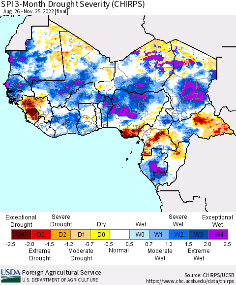 Western Africa SPI 3-Month Drought Severity (CHIRPS) Thematic Map For 8/26/2022 - 11/25/2022