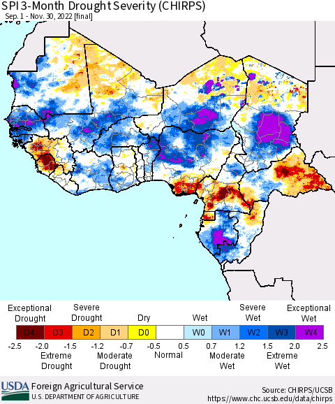 Western Africa SPI 3-Month Drought Severity (CHIRPS) Thematic Map For 9/1/2022 - 11/30/2022