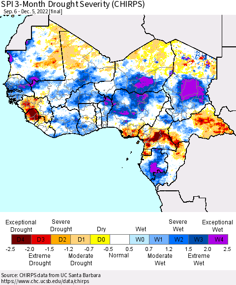 Western Africa SPI 3-Month Drought Severity (CHIRPS) Thematic Map For 9/6/2022 - 12/5/2022