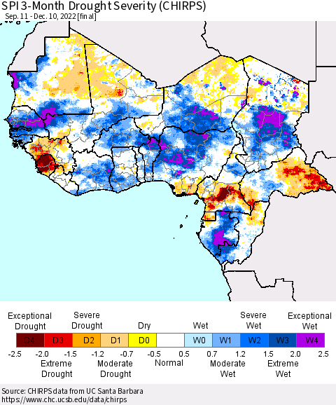 Western Africa SPI 3-Month Drought Severity (CHIRPS) Thematic Map For 9/11/2022 - 12/10/2022