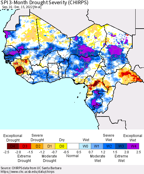 Western Africa SPI 3-Month Drought Severity (CHIRPS) Thematic Map For 9/16/2022 - 12/15/2022