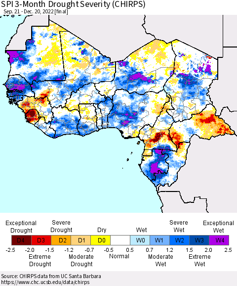 Western Africa SPI 3-Month Drought Severity (CHIRPS) Thematic Map For 9/21/2022 - 12/20/2022