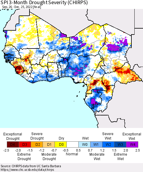 Western Africa SPI 3-Month Drought Severity (CHIRPS) Thematic Map For 9/26/2022 - 12/25/2022