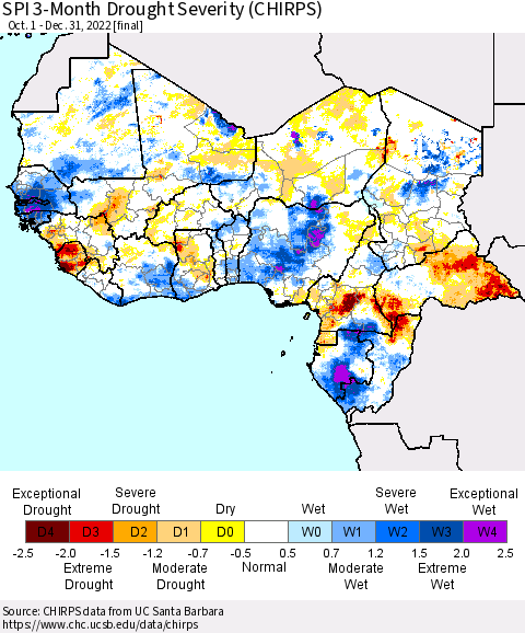 Western Africa SPI 3-Month Drought Severity (CHIRPS) Thematic Map For 10/1/2022 - 12/31/2022