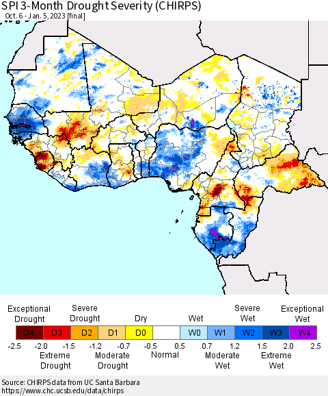 Western Africa SPI 3-Month Drought Severity (CHIRPS) Thematic Map For 10/6/2022 - 1/5/2023
