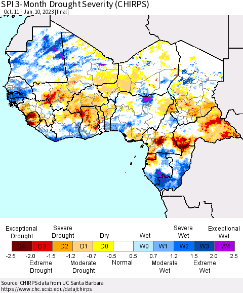Western Africa SPI 3-Month Drought Severity (CHIRPS) Thematic Map For 10/11/2022 - 1/10/2023