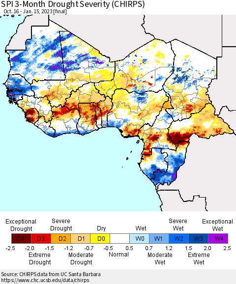 Western Africa SPI 3-Month Drought Severity (CHIRPS) Thematic Map For 10/16/2022 - 1/15/2023