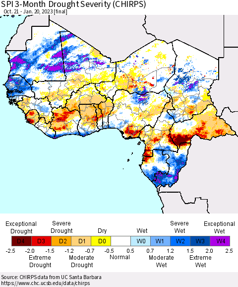 Western Africa SPI 3-Month Drought Severity (CHIRPS) Thematic Map For 10/21/2022 - 1/20/2023