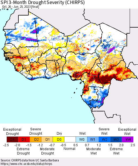 Western Africa SPI 3-Month Drought Severity (CHIRPS) Thematic Map For 10/26/2022 - 1/25/2023