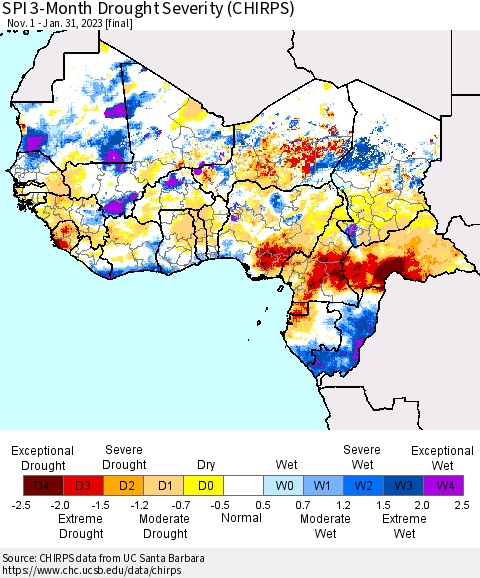 Western Africa SPI 3-Month Drought Severity (CHIRPS) Thematic Map For 11/1/2022 - 1/31/2023