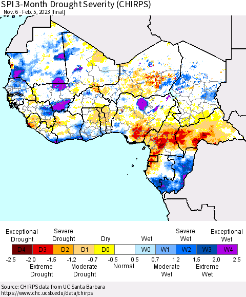 Western Africa SPI 3-Month Drought Severity (CHIRPS) Thematic Map For 11/6/2022 - 2/5/2023