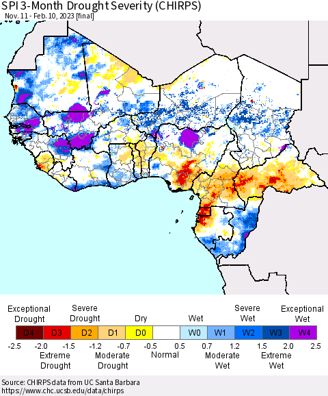 Western Africa SPI 3-Month Drought Severity (CHIRPS) Thematic Map For 11/11/2022 - 2/10/2023