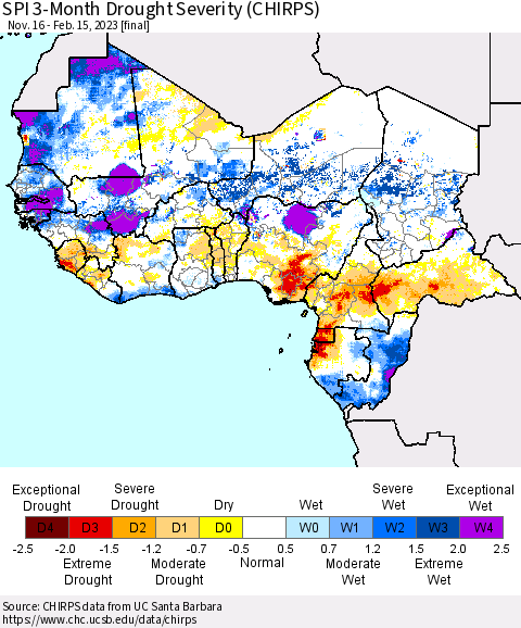 Western Africa SPI 3-Month Drought Severity (CHIRPS) Thematic Map For 11/16/2022 - 2/15/2023