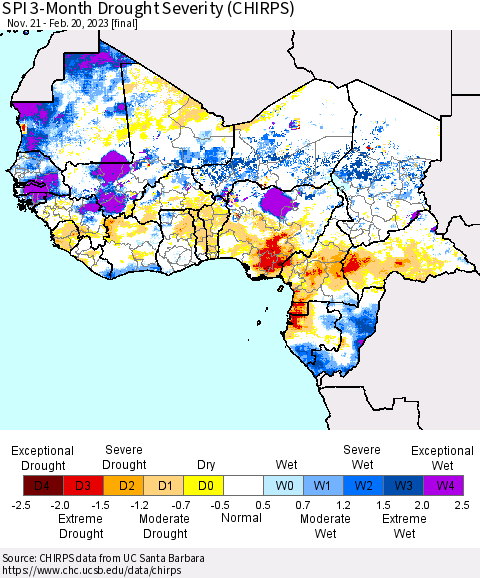 Western Africa SPI 3-Month Drought Severity (CHIRPS) Thematic Map For 11/21/2022 - 2/20/2023