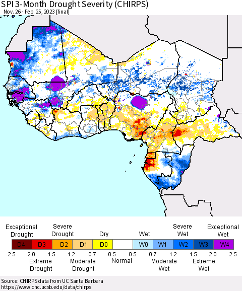 Western Africa SPI 3-Month Drought Severity (CHIRPS) Thematic Map For 11/26/2022 - 2/25/2023