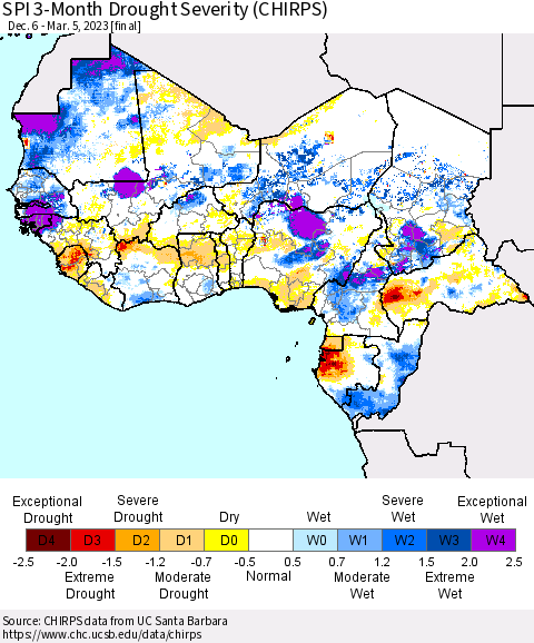 Western Africa SPI 3-Month Drought Severity (CHIRPS) Thematic Map For 12/6/2022 - 3/5/2023