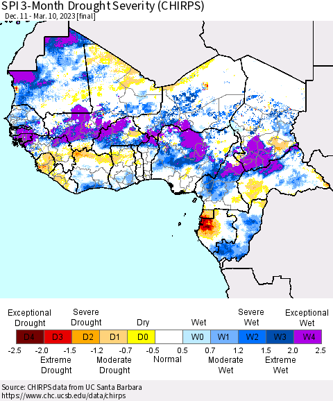 Western Africa SPI 3-Month Drought Severity (CHIRPS) Thematic Map For 12/11/2022 - 3/10/2023