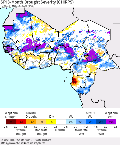 Western Africa SPI 3-Month Drought Severity (CHIRPS) Thematic Map For 12/16/2022 - 3/15/2023
