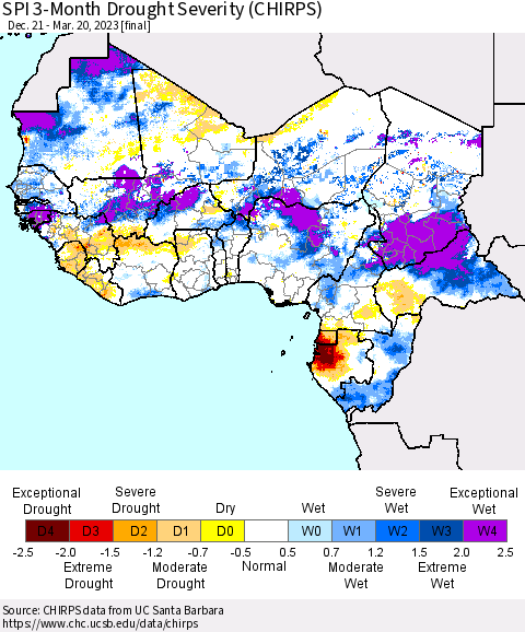 Western Africa SPI 3-Month Drought Severity (CHIRPS) Thematic Map For 12/21/2022 - 3/20/2023