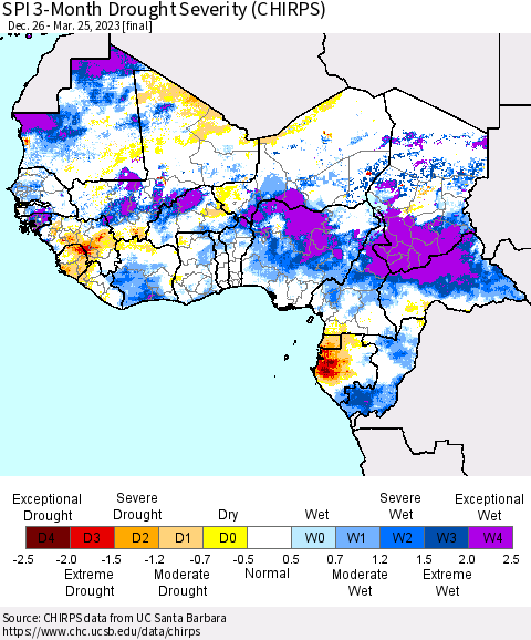 Western Africa SPI 3-Month Drought Severity (CHIRPS) Thematic Map For 12/26/2022 - 3/25/2023