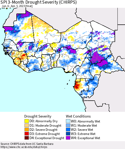 Western Africa SPI 3-Month Drought Severity (CHIRPS) Thematic Map For 1/6/2023 - 4/5/2023