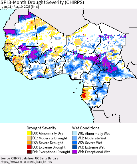 Western Africa SPI 3-Month Drought Severity (CHIRPS) Thematic Map For 1/11/2023 - 4/10/2023