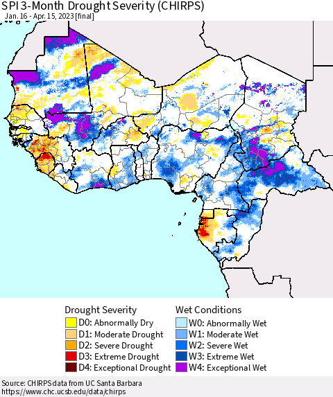 Western Africa SPI 3-Month Drought Severity (CHIRPS) Thematic Map For 1/16/2023 - 4/15/2023