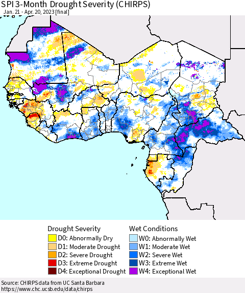 Western Africa SPI 3-Month Drought Severity (CHIRPS) Thematic Map For 1/21/2023 - 4/20/2023