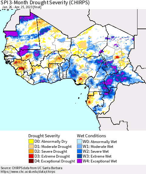 Western Africa SPI 3-Month Drought Severity (CHIRPS) Thematic Map For 1/26/2023 - 4/25/2023
