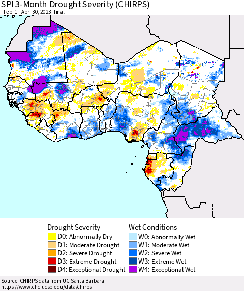 Western Africa SPI 3-Month Drought Severity (CHIRPS) Thematic Map For 2/1/2023 - 4/30/2023