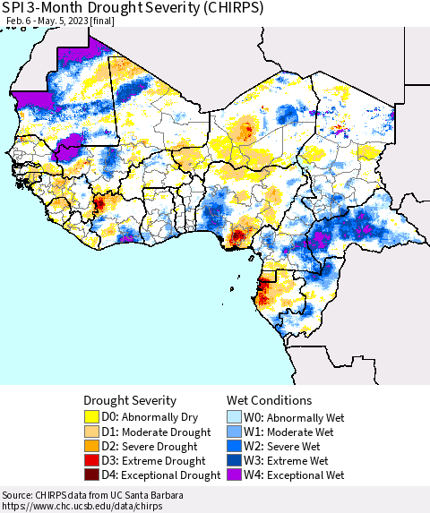 Western Africa SPI 3-Month Drought Severity (CHIRPS) Thematic Map For 2/6/2023 - 5/5/2023