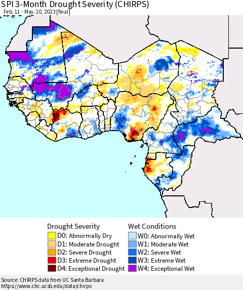 Western Africa SPI 3-Month Drought Severity (CHIRPS) Thematic Map For 2/11/2023 - 5/10/2023