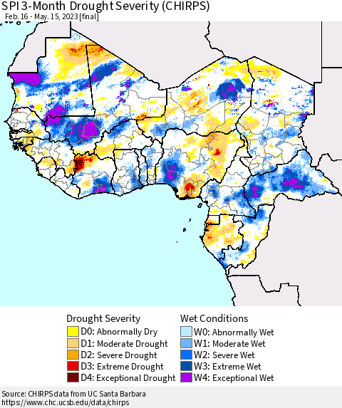 Western Africa SPI 3-Month Drought Severity (CHIRPS) Thematic Map For 2/16/2023 - 5/15/2023