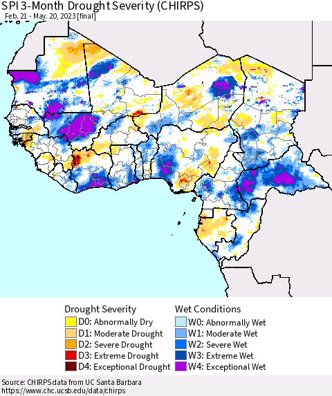 Western Africa SPI 3-Month Drought Severity (CHIRPS) Thematic Map For 2/21/2023 - 5/20/2023
