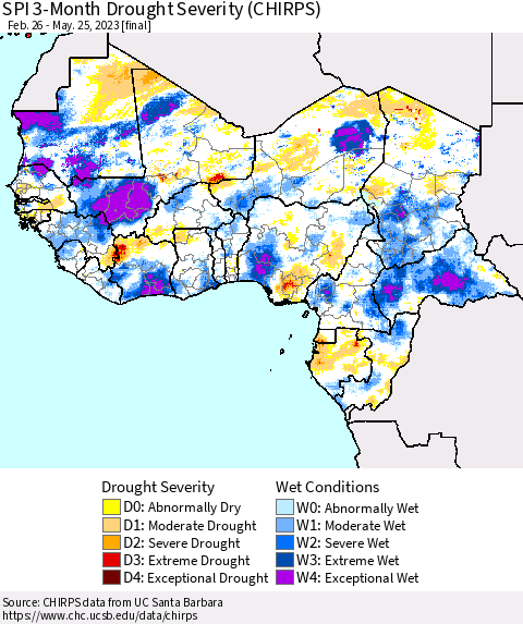 Western Africa SPI 3-Month Drought Severity (CHIRPS) Thematic Map For 2/26/2023 - 5/25/2023