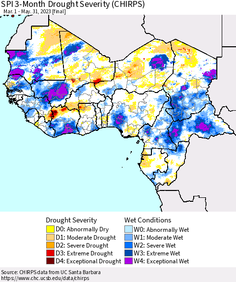 Western Africa SPI 3-Month Drought Severity (CHIRPS) Thematic Map For 3/1/2023 - 5/31/2023