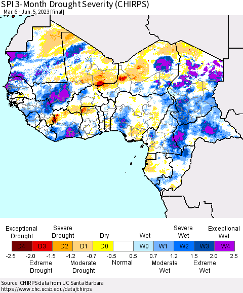 Western Africa SPI 3-Month Drought Severity (CHIRPS) Thematic Map For 3/6/2023 - 6/5/2023