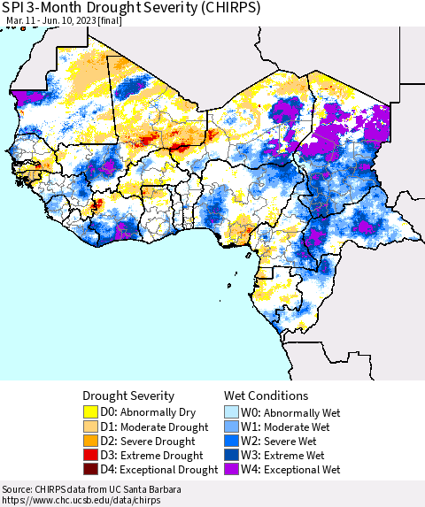 Western Africa SPI 3-Month Drought Severity (CHIRPS) Thematic Map For 3/11/2023 - 6/10/2023