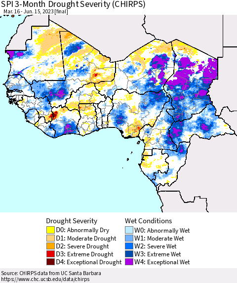 Western Africa SPI 3-Month Drought Severity (CHIRPS) Thematic Map For 3/16/2023 - 6/15/2023