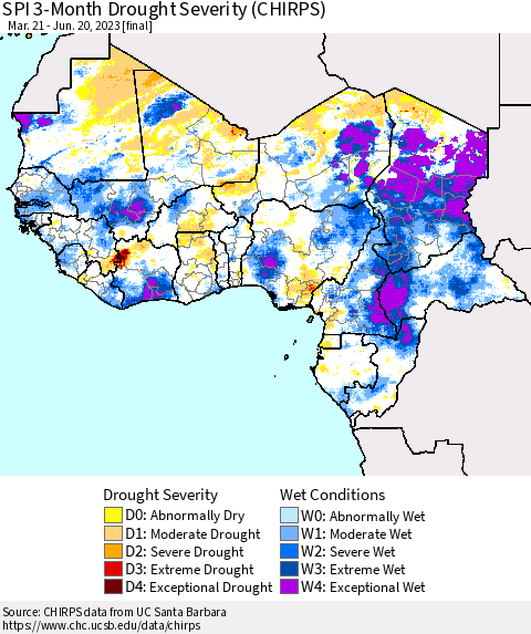 Western Africa SPI 3-Month Drought Severity (CHIRPS) Thematic Map For 3/21/2023 - 6/20/2023