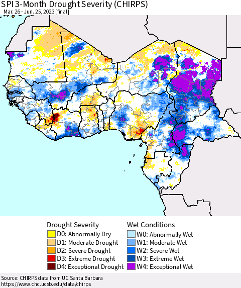Western Africa SPI 3-Month Drought Severity (CHIRPS) Thematic Map For 3/26/2023 - 6/25/2023