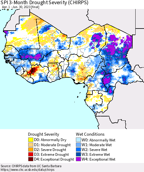 Western Africa SPI 3-Month Drought Severity (CHIRPS) Thematic Map For 4/1/2023 - 6/30/2023