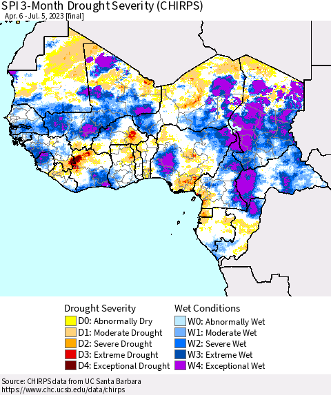 Western Africa SPI 3-Month Drought Severity (CHIRPS) Thematic Map For 4/6/2023 - 7/5/2023