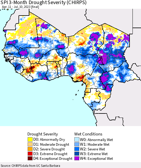 Western Africa SPI 3-Month Drought Severity (CHIRPS) Thematic Map For 4/11/2023 - 7/10/2023