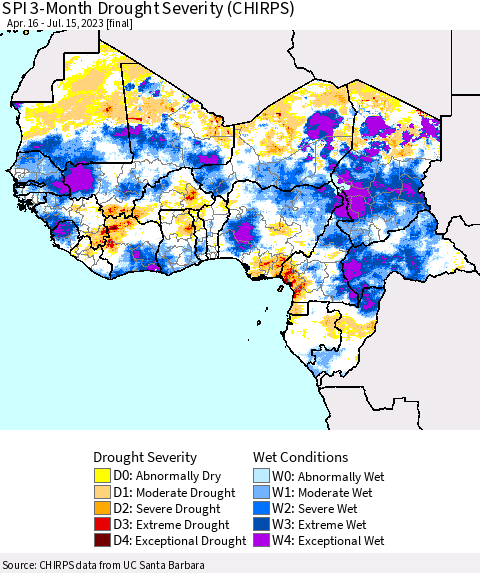 Western Africa SPI 3-Month Drought Severity (CHIRPS) Thematic Map For 4/16/2023 - 7/15/2023