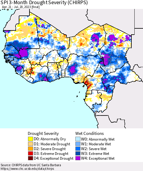 Western Africa SPI 3-Month Drought Severity (CHIRPS) Thematic Map For 4/21/2023 - 7/20/2023