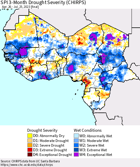 Western Africa SPI 3-Month Drought Severity (CHIRPS) Thematic Map For 4/26/2023 - 7/25/2023