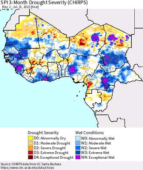 Western Africa SPI 3-Month Drought Severity (CHIRPS) Thematic Map For 5/1/2023 - 7/31/2023