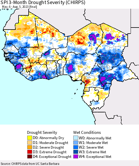 Western Africa SPI 3-Month Drought Severity (CHIRPS) Thematic Map For 5/6/2023 - 8/5/2023