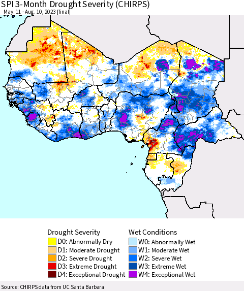 Western Africa SPI 3-Month Drought Severity (CHIRPS) Thematic Map For 5/11/2023 - 8/10/2023